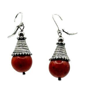 Sterling Silver Sponge Coral Drop Dangle Earrings Signed CFJ Statement Leverback